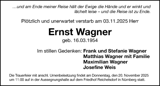 Traueranzeige von Ernst Wagner von Gesamtausgabe Nürnberger Nachrichten/ Nürnberger Ztg.