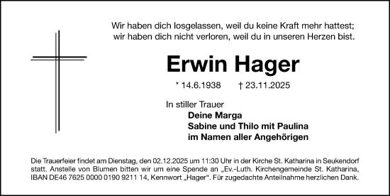 Traueranzeige von Erwin Hager von Gesamtausgabe Nürnberger Nachrichten/ Nürnberger Ztg.