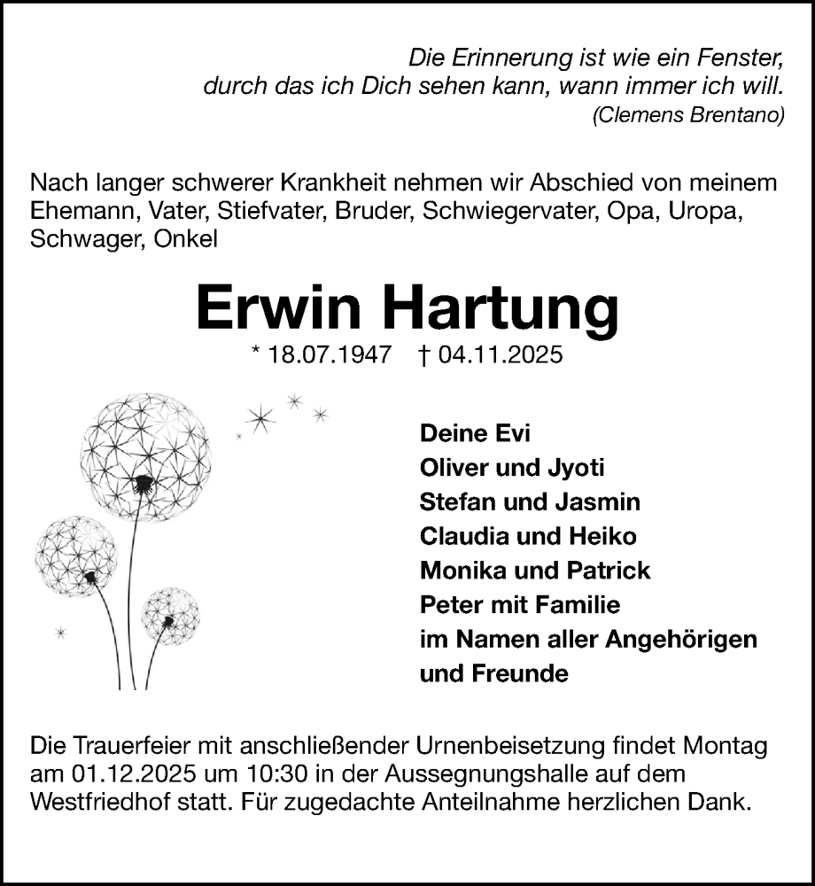  Traueranzeige für Erwin Hartung vom 22.11.2025 aus Gesamtausgabe Nürnberger Nachrichten/ Nürnberger Ztg.