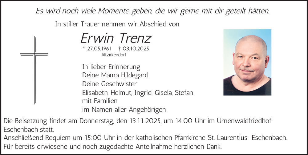  Traueranzeige für Erwin Trenz vom 08.11.2025 aus Nordbayerische Nachrichten Pegnitz Lokal