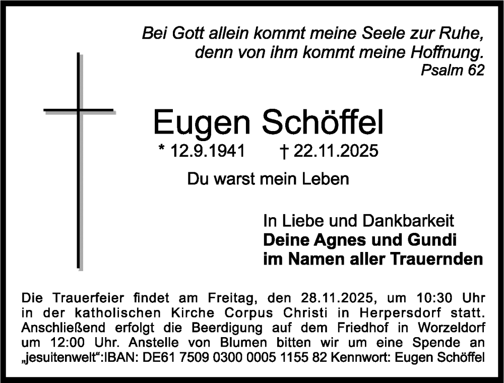  Traueranzeige für Eugen Schöffel vom 26.11.2025 aus Gesamtausgabe Nürnberger Nachrichten/ Nürnberger Ztg.