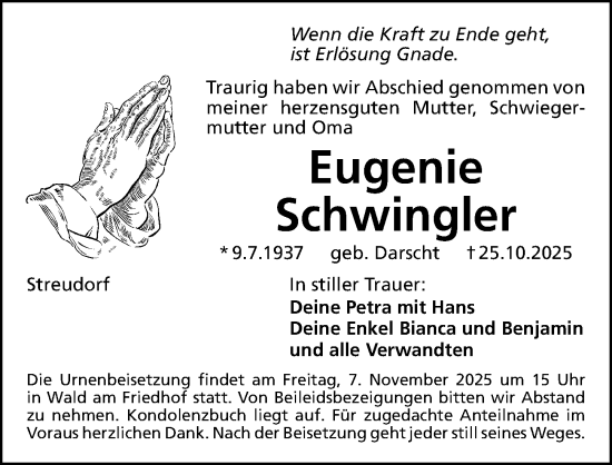 Traueranzeige von Eugenie Schwingler von Altmühl-Bote Lokal/ Roth-Hilpoltsteiner Volkszeitung