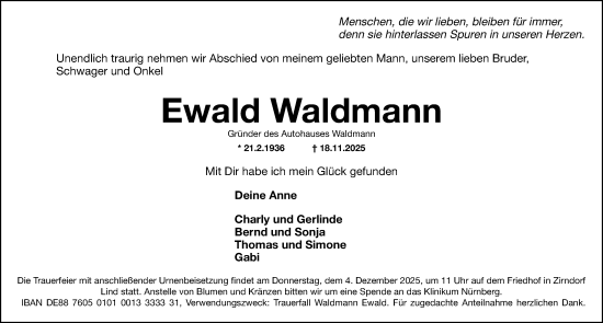 Traueranzeige von Ewald Waldmann von Fürther Nachrichten Lokal