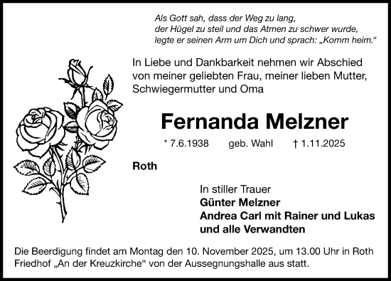 Traueranzeige von Fernanda Melzner von Roth-Hilpoltsteiner Volkszeitung Lokal