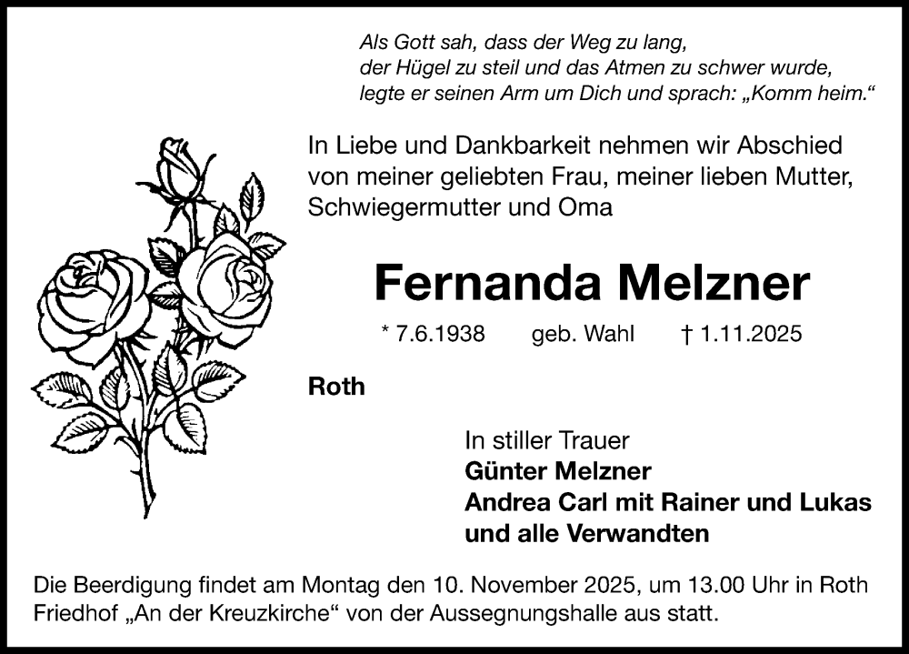  Traueranzeige für Fernanda Melzner vom 07.11.2025 aus Roth-Hilpoltsteiner Volkszeitung Lokal
