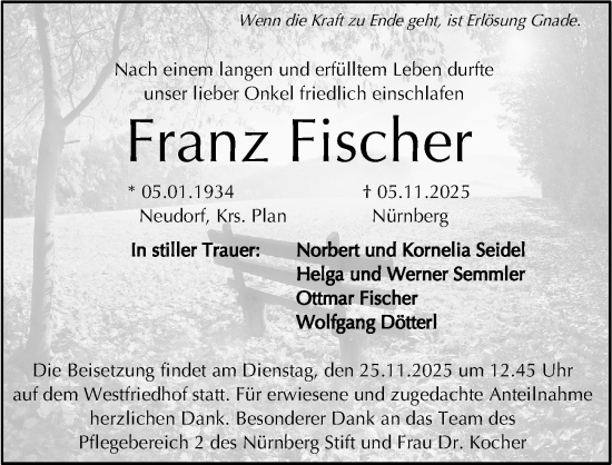 Traueranzeige von Franz Fischer von Gesamtausgabe Nürnberger Nachrichten/ Nürnberger Ztg.