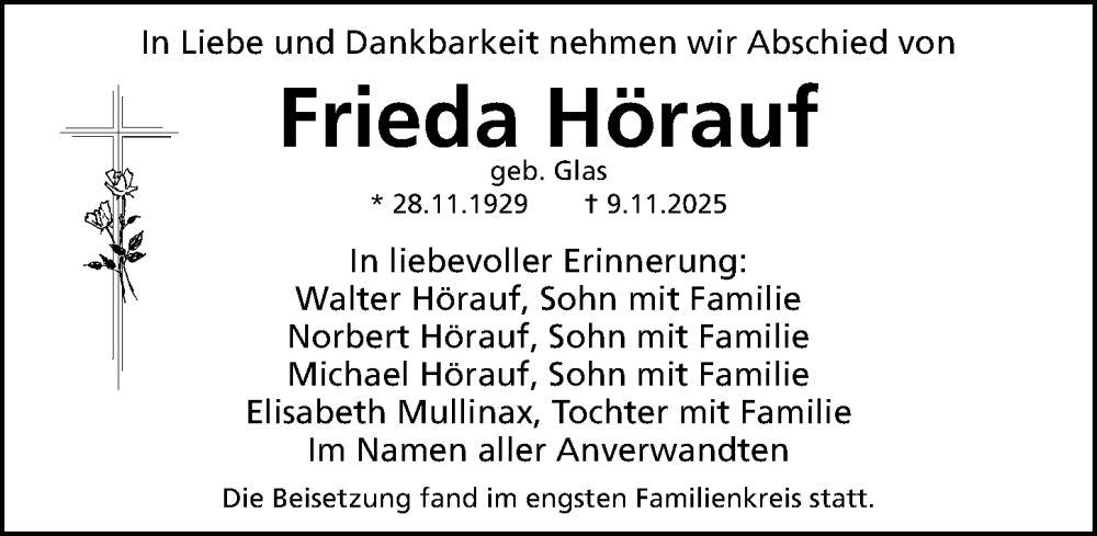  Traueranzeige für Frieda Hörauf vom 29.11.2025 aus Erlanger Nachrichten Lokal