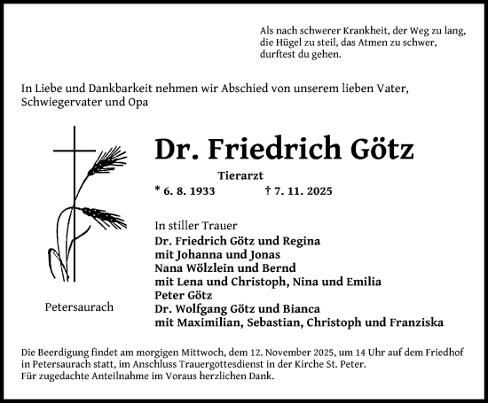Traueranzeige von Friedrich Götz von Gesamtausgabe Nürnberger Nachrichten/ Nürnberger Ztg.