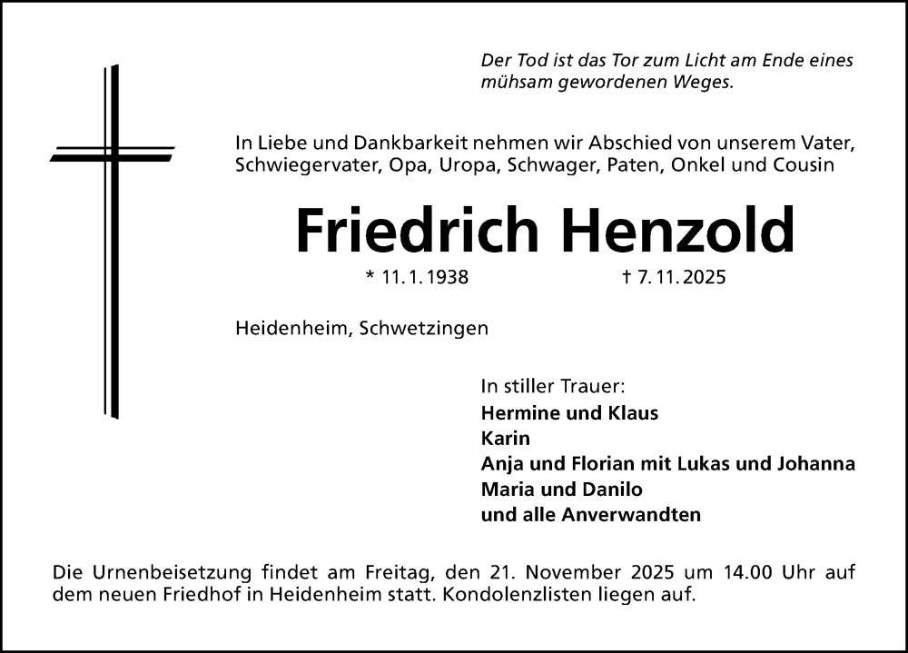  Traueranzeige für Friedrich Henzold vom 19.11.2025 aus Altmühl-Bote Lokal