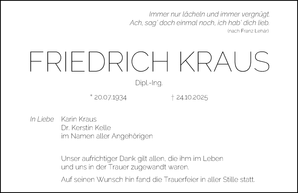  Traueranzeige für Friedrich Kraus vom 22.11.2025 aus Erlanger Nachrichten Lokal