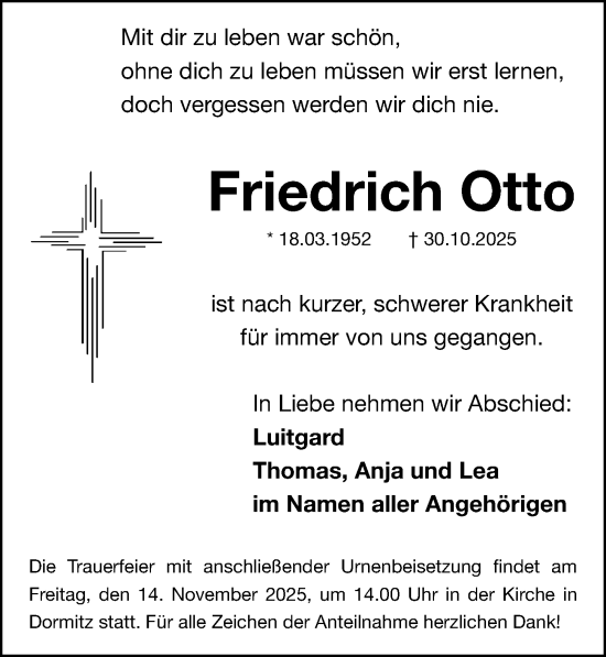 Traueranzeige von Friedrich Otto von Erlanger Nachrichten Lokal