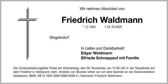 Traueranzeige von Friedrich Waldmann von Fürther Nachrichten Lokal