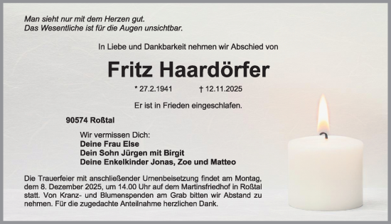 Traueranzeige von Fritz Haardörfer von Fürther Nachrichten Lokal
