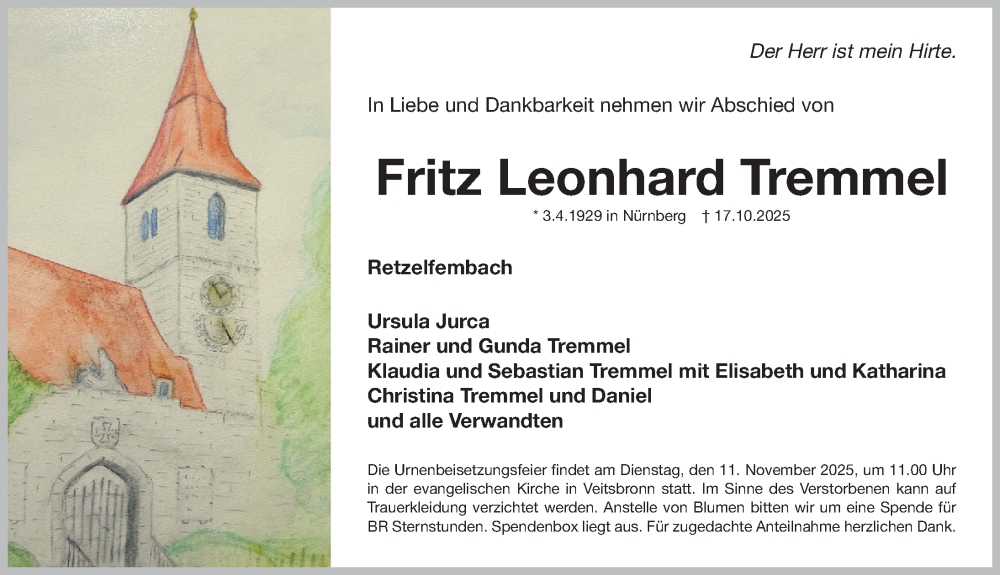  Traueranzeige für Fritz Leonhard Tremmel vom 08.11.2025 aus Fürther Nachrichten Lokal