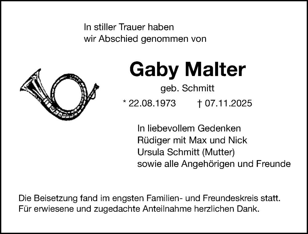  Traueranzeige für Gaby Malter vom 29.11.2025 aus Gesamtausgabe Nürnberger Nachrichten/ Nürnberger Ztg.