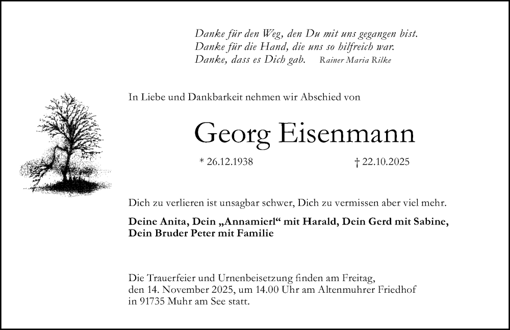  Traueranzeige für Georg Eisenmann vom 11.11.2025 aus Altmühl-Bote Lokal