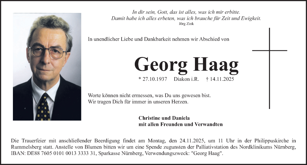  Traueranzeige für Georg Haag vom 22.11.2025 aus Gesamtausgabe Nürnberger Nachrichten/ Nürnberger Ztg.