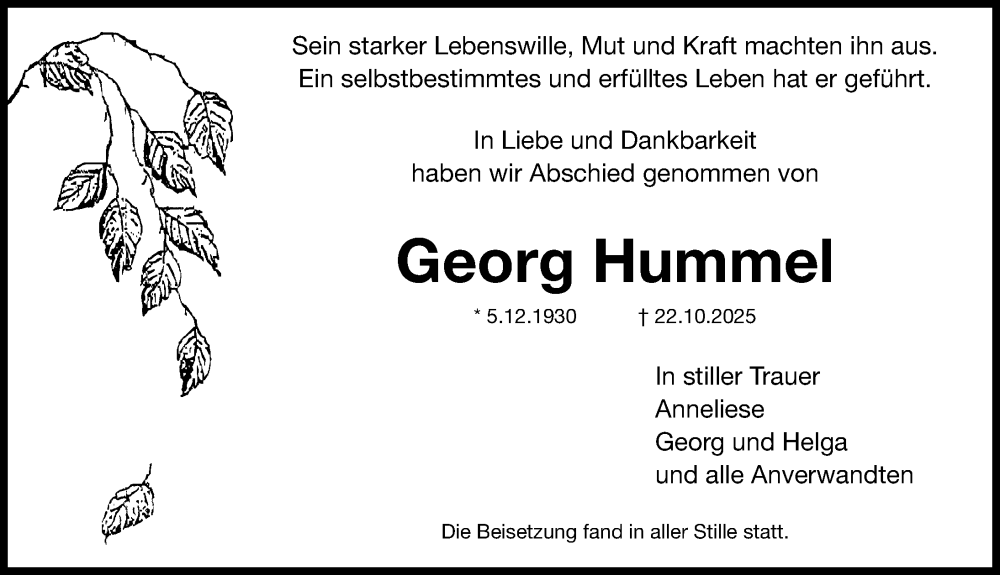  Traueranzeige für Georg Hummel vom 22.11.2025 aus Fürther Nachrichten Lokal