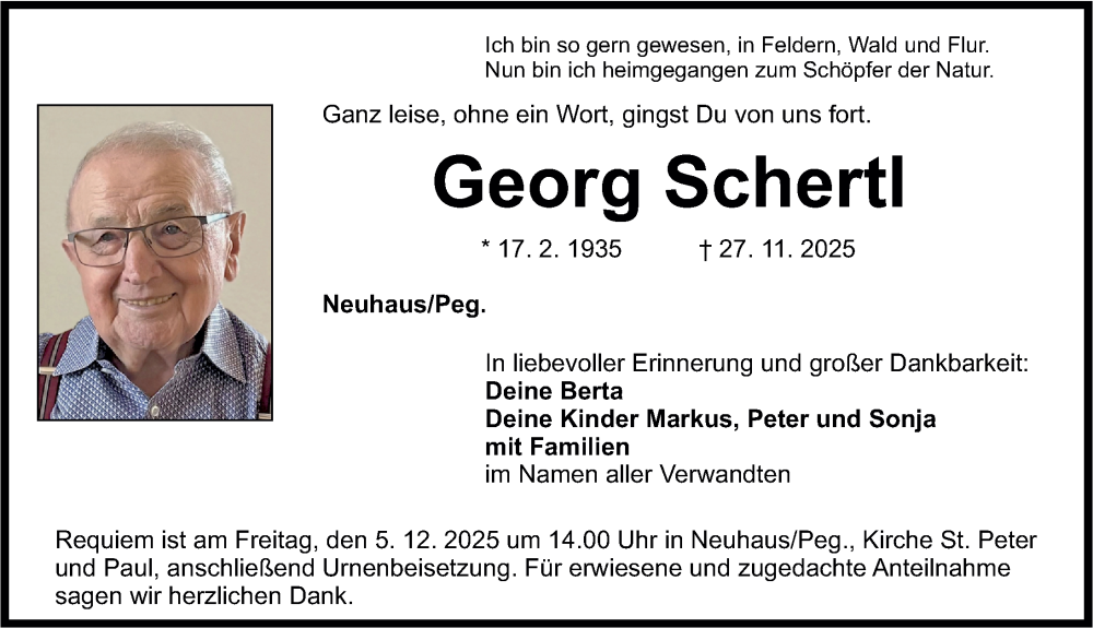  Traueranzeige für Georg Schertl vom 29.11.2025 aus Nordbayerische Nachrichten Pegnitz Lokal