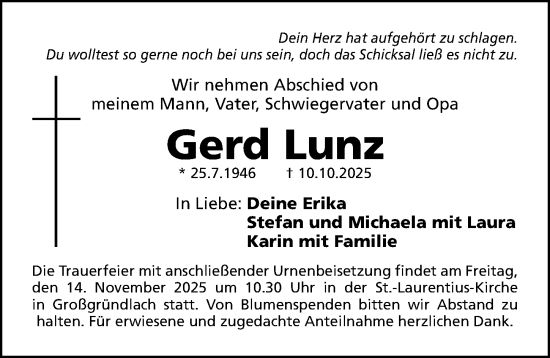 Traueranzeige von Gerd Lunz von Gesamtausgabe Nürnberger Nachrichten/ Nürnberger Ztg.