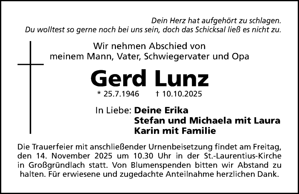  Traueranzeige für Gerd Lunz vom 08.11.2025 aus Gesamtausgabe Nürnberger Nachrichten/ Nürnberger Ztg.
