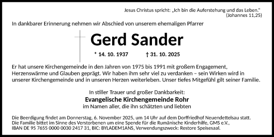 Traueranzeige von Gerd Sander von Schwabacher Tagblatt Lokal