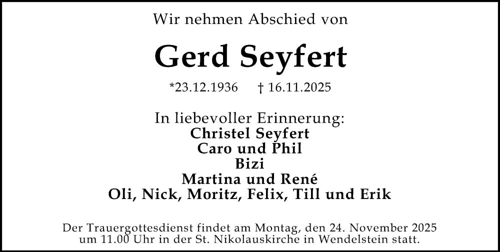  Traueranzeige für Gerd Seyfert vom 22.11.2025 aus Gesamtausgabe Nürnberger Nachrichten/ Nürnberger Ztg.
