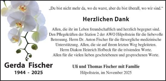Traueranzeige von Gerda Fischer von Roth-Hilpoltsteiner Volkszeitung Lokal