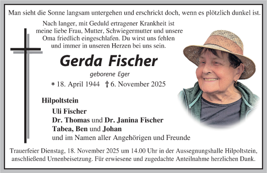 Traueranzeige von Gerda Fischer von Roth-Hilpoltsteiner Volkszeitung Lokal