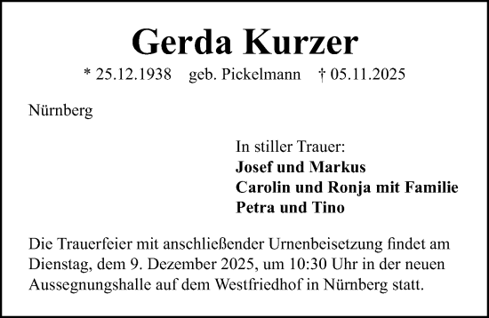 Traueranzeige von Gerda Kurzer von Gesamtausgabe Nürnberger Nachrichten/ Nürnberger Ztg.