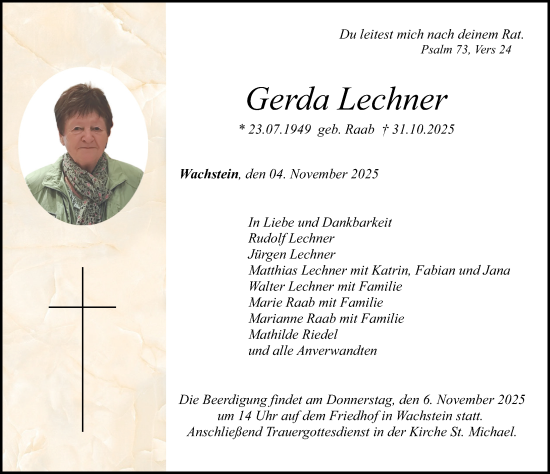 Traueranzeige von Gerda Lechner von Altmühl-Bote Lokal