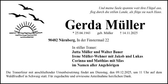 Traueranzeige von Gerda Müller von Gesamtausgabe Nürnberger Nachrichten/ Nürnberger Ztg.