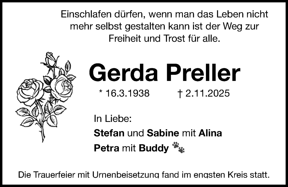  Traueranzeige für Gerda Preller vom 29.11.2025 aus Erlanger Nachrichten Lokal