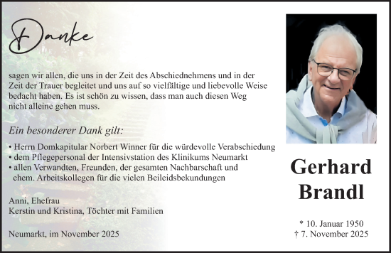 Traueranzeige von Gerhard Brandl von Neumarkter Nachrichten Lokal