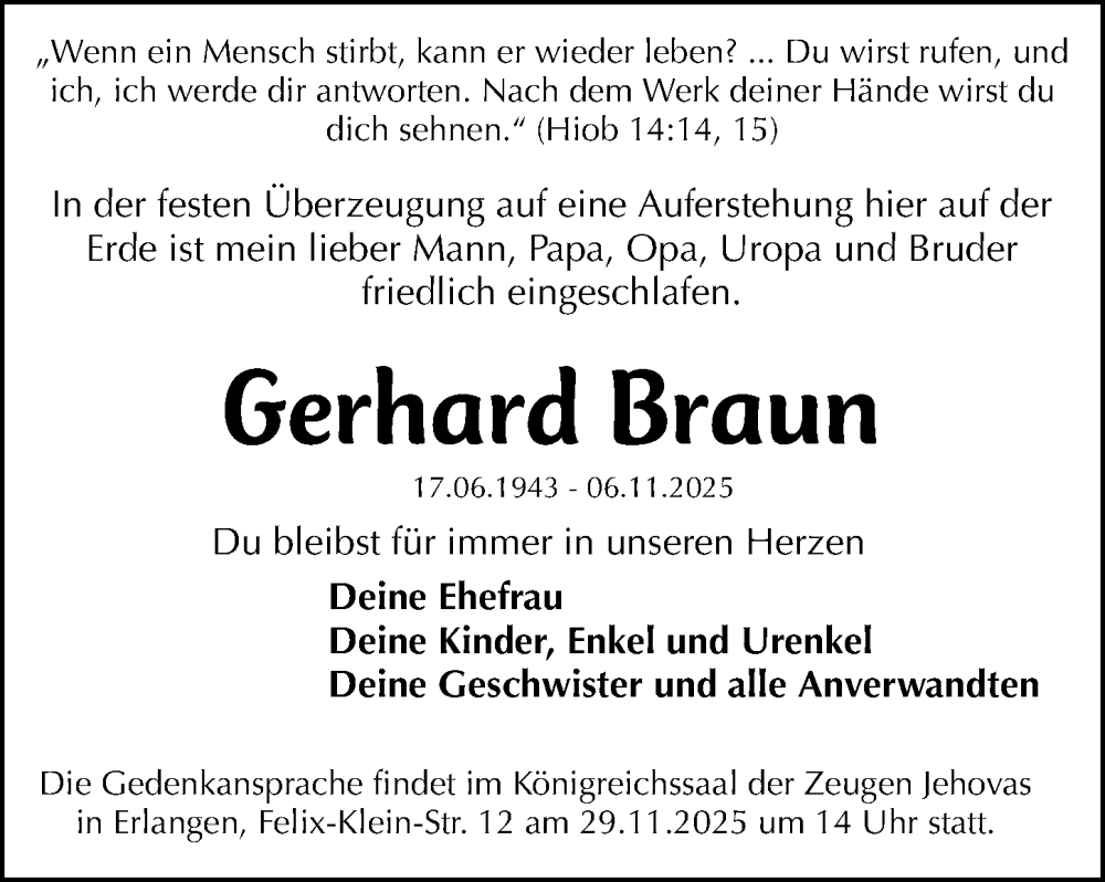 Traueranzeige für Gerhard Braun vom 19.11.2025 aus Erlanger Nachrichten Lokal