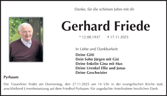 Traueranzeige von Gerhard Friede von Neumarkter Nachrichten Lokal