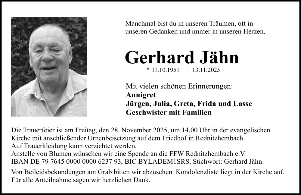 Traueranzeige für Gerhard Jähn vom 22.11.2025 aus Schwabacher Tagblatt Lokal