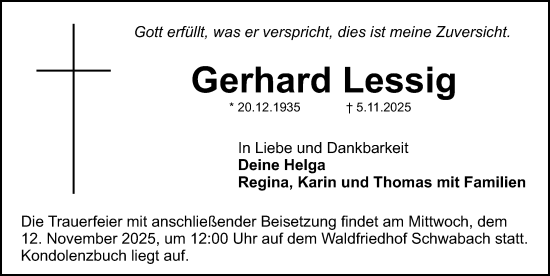 Traueranzeige von Gerhard Lessig von Schwabacher Tagblatt Lokal