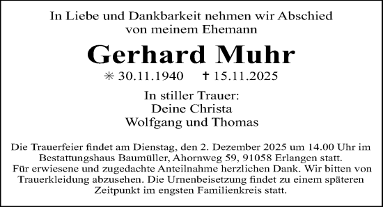 Traueranzeige von Gerhard Muhr von Gesamtausgabe Nürnberger Nachrichten/ Nürnberger Ztg.