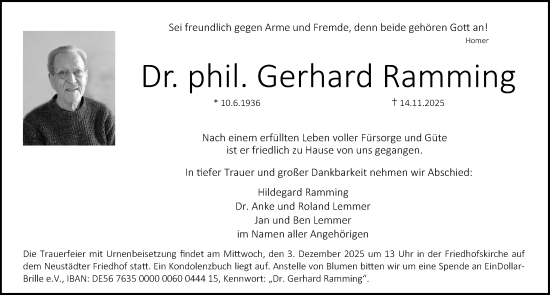 Traueranzeige von Gerhard Ramming von Erlanger Nachrichten Lokal