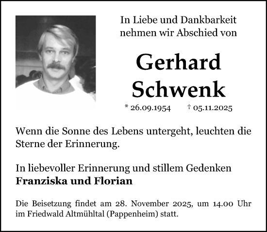 Traueranzeige von Gerhard Schwenk von Roth-Hilpoltsteiner Volkszeitung Lokal