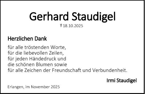 Traueranzeige von Gerhard Staudigel von Erlanger Nachrichten Lokal