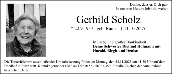 Traueranzeige von Gerhild Scholz von Gesamtausgabe Nürnberger Nachrichten/ Nürnberger Ztg.