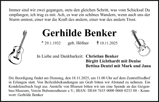 Traueranzeige von Gerhilde Benker von Erlanger Nachrichten/ Fürther Nachrichten
