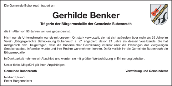 Traueranzeige von Gerhilde Benker von Erlanger Nachrichten Lokal
