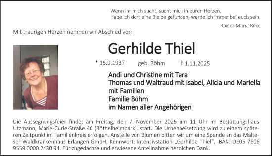 Traueranzeige von Gerhilde Thiel von Erlanger Nachrichten Lokal