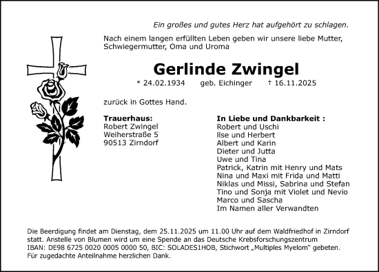 Traueranzeige von Gerlinde Zwingel von Gesamtausgabe Nürnberger Nachrichten/ Nürnberger Ztg./ Fürther Nachrichten