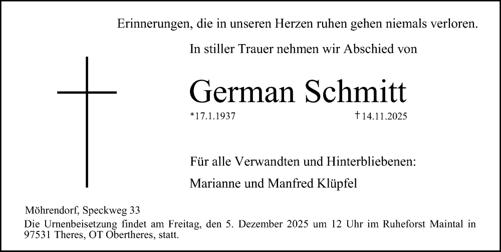  Traueranzeige für German Schmitt vom 29.11.2025 aus Erlanger Nachrichten Lokal