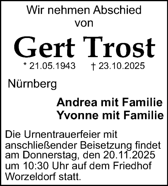 Traueranzeige von Gert Trost von Gesamtausgabe Nürnberger Nachrichten/ Nürnberger Ztg.