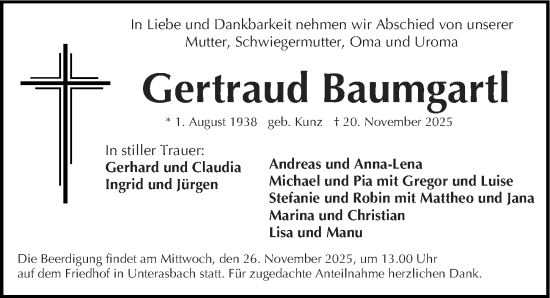 Traueranzeige von Gertraud Baumgartl von Fürther Nachrichten Lokal